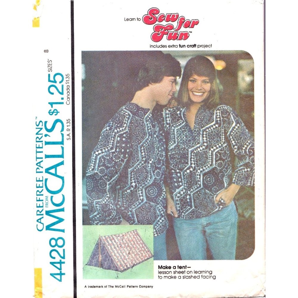 Vintage Sewing PATTERN McCalls 4428, Misses or Mens Shirt 1975 PLUS Make a Tent